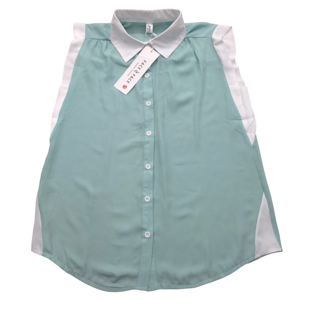 NWT‎ Face N Face Sleeveless Blouse White Collar Button Mint Green Womens Large